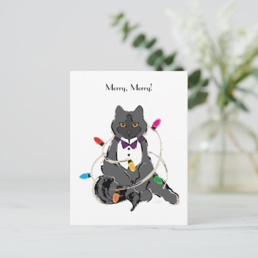 Cartes Pour Fêtes Annuelles Chat Gris Enveloppé Dans Les Temps De Noël (Debout devant)