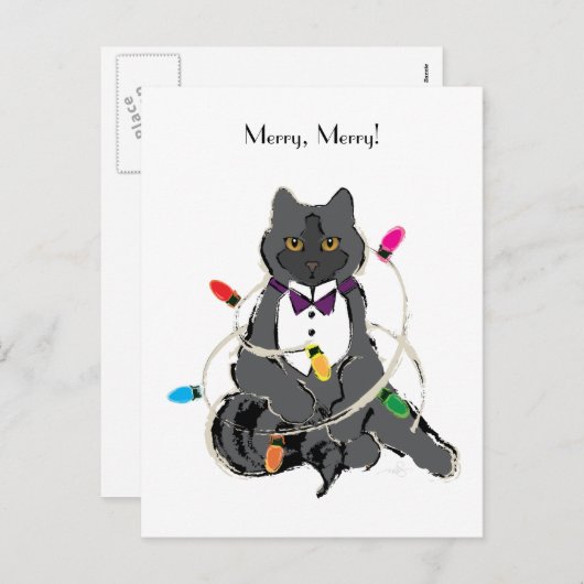 Cartes Pour Fêtes Annuelles Chat Gris Enveloppé Dans Les Temps De Noël (Devant / Derrière)