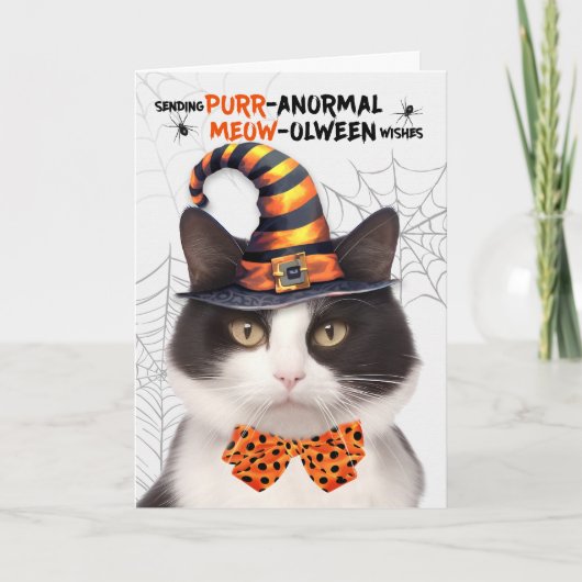 Cartes Pour Fêtes Annuelles Chat Halloween blanc noir PURRanormal MEOWolween (Devant)