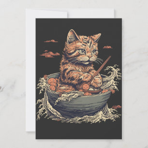 Cartes Pour Fêtes Annuelles chat mange Ramen, Vague de Kanawaga