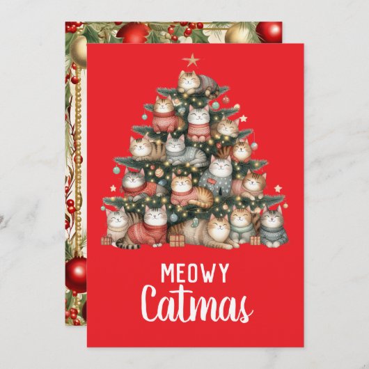 Cartes Pour Fêtes Annuelles Chat Meowy Catmas Arbre de Noël (Devant / Derrière)