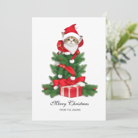 Cartes Pour Fêtes Annuelles Chat mignon en chapeau rouge Noël personnalisé (Debout devant)