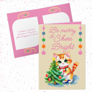 Cartes Pour Fêtes Annuelles Chat mignon et arbre de Noël être rose crème pâle