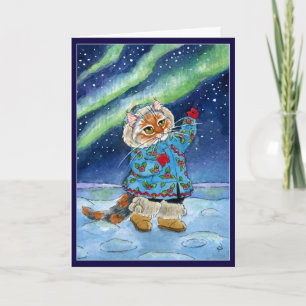 Cartes Pour Fêtes Annuelles Chat mignon, hiver, lumières du nord, Noël drôle