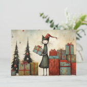 Cartes Pour Fêtes Annuelles Chat mignon Whimsical avec cadeaux de Noël et arbr (Debout devant)