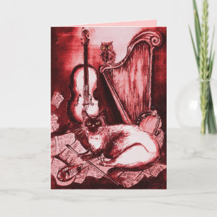 Cartes Pour Fêtes Annuelles CHAT MUSICAL, Rose rouge et blanc