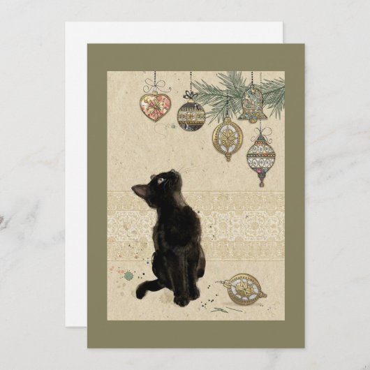 Cartes Pour Fêtes Annuelles Chat noir ancien regardant des ornements (Devant / Derrière)