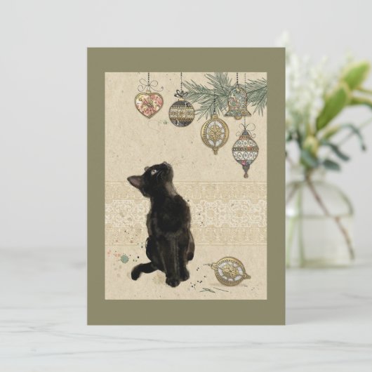 Cartes Pour Fêtes Annuelles Chat noir ancien regardant des ornements (Debout devant)