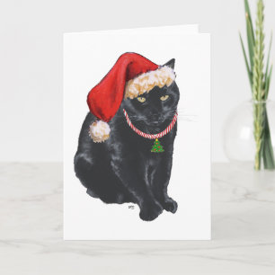 Cartes Pour Fêtes Annuelles Chat noir avec chapeau de Père Noël