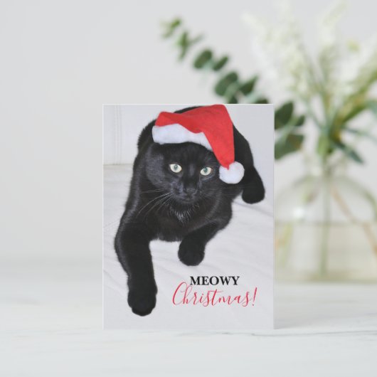 Cartes Pour Fêtes Annuelles Chat noir avec chapeau de Père Noël Rouge (Debout devant)
