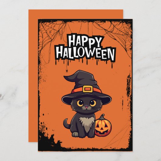 Cartes Pour Fêtes Annuelles Chat noir avec Citrouille Jack O' Lantern (Devant / Derrière)
