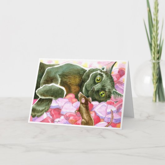 Cartes Pour Fêtes Annuelles Chat noir avec coeur de Saint-Valentin (Devant)