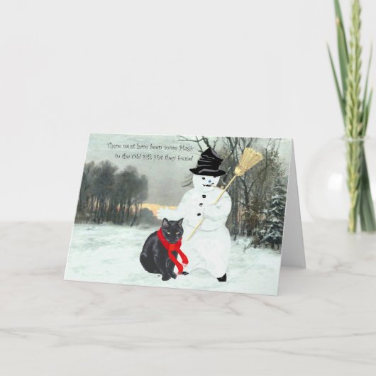 Cartes Pour Fêtes Annuelles Chat noir avec Snowman à Noël (Devant)