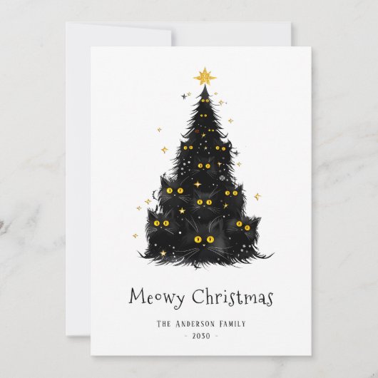 Cartes Pour Fêtes Annuelles Chat noir blanc Meowy Arbre de Noël (Devant)