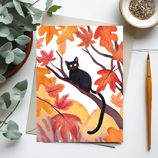 Cartes Pour Fêtes Annuelles Chat noir dans un arbre | Automne Éffrayant mange