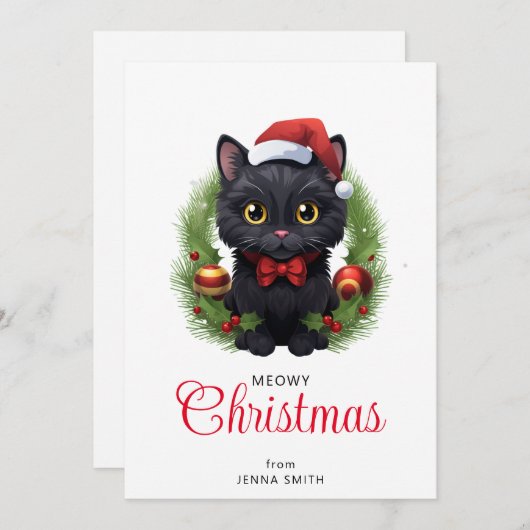 Cartes Pour Fêtes Annuelles Chat noir de Noël mignon (Devant / Derrière)