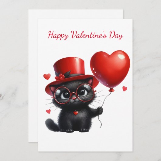 Cartes Pour Fêtes Annuelles Chat noir drôle avec ballons Saint-Valentin (Devant / Derrière)