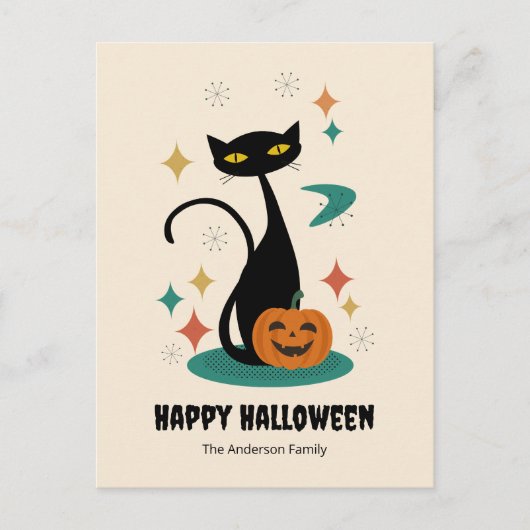 Cartes Pour Fêtes Annuelles Chat noir du milieu du siècle d'Halloween (Devant)