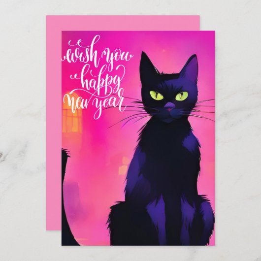 Cartes Pour Fêtes Annuelles Chat noir du Nouvel An (Devant / Derrière)