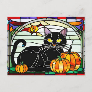 Cartes Pour Fêtes Annuelles Chat noir en verre tendu avec Citrouille