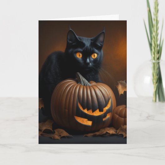 Cartes Pour Fêtes Annuelles Chat noir et citrouille de lanternes (Devant)