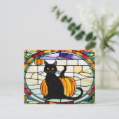 Cartes Pour Fêtes Annuelles Chat noir Halloween en verre tendu (Debout devant)