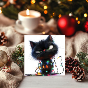 Cartes Pour Fêtes Annuelles Chat Noir Impertinent Enveloppé de Lumières Festiv
