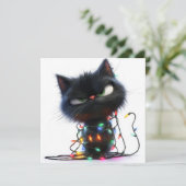 Cartes Pour Fêtes Annuelles Chat Noir Impertinent Enveloppé de Lumières Festiv (Debout devant)