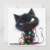 Cartes Pour Fêtes Annuelles Chat Noir Impertinent Enveloppé de Lumières Festiv (Devant)