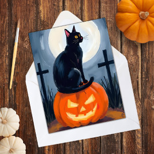Cartes Pour Fêtes Annuelles Chat Noir Jack-O-Lantern Halloween Peint