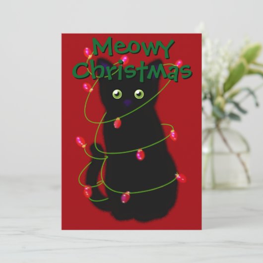 Cartes Pour Fêtes Annuelles Chat noir Meowy Noël scintillants en vichy (Debout devant)