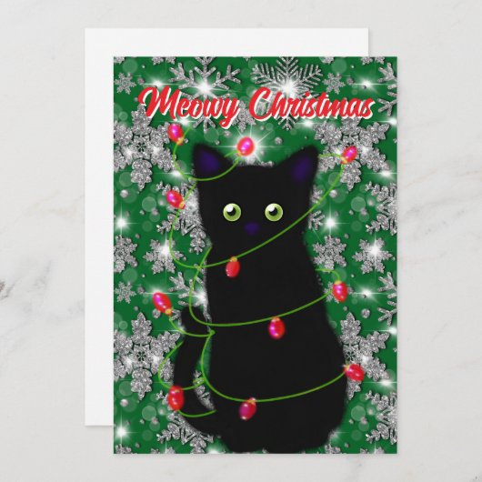 Cartes Pour Fêtes Annuelles Chat noir mignon Meowy Noël (Devant / Derrière)