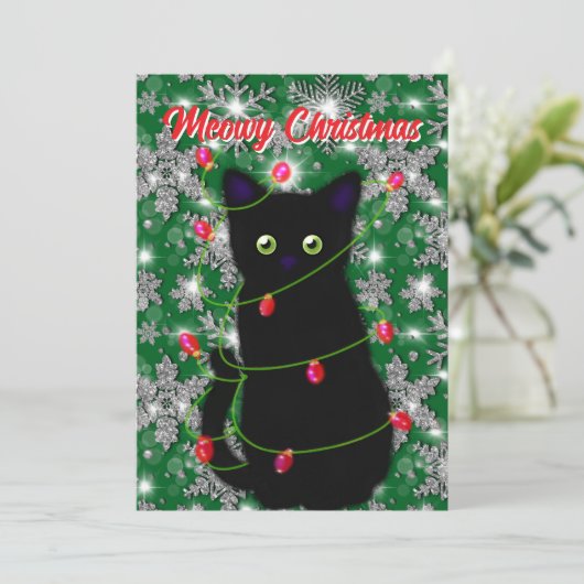 Cartes Pour Fêtes Annuelles Chat noir mignon Meowy Noël (Debout devant)
