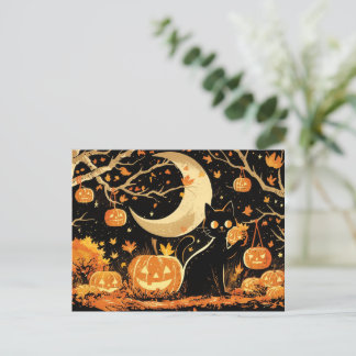 Cartes Pour Fêtes Annuelles Chat noir rétro avec citrouilles