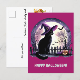 Cartes Pour Fêtes Annuelles Chat noir sorcière et chauves-souris heureux Hallo