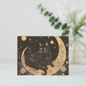Cartes Pour Fêtes Annuelles Chat noir sur Crescent Lune Halloween en or noir (Debout devant)