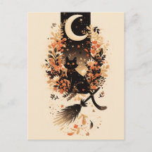 Chat noir sur le balai de sorcière sous la lune