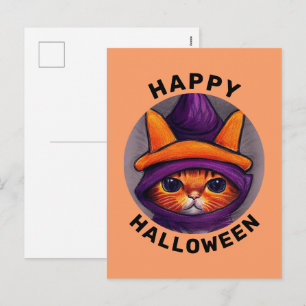 Cartes Pour Fêtes Annuelles Chat orange avec chapeau de sorcière violet Joyeux