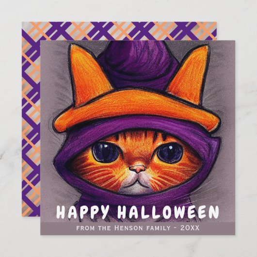 Cartes Pour Fêtes Annuelles Chat orange avec sorcière violette Casquette Bonne (Devant / Derrière)