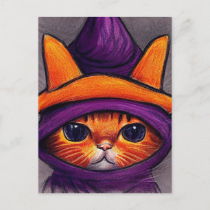 Cartes Pour Fêtes Annuelles Chat orange avec sorcière violette Casquette Bonne