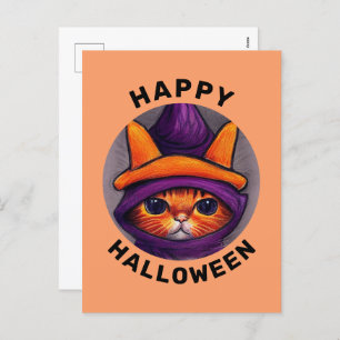 Cartes Pour Fêtes Annuelles Chat orange avec sorcière violette Casquette Bonne