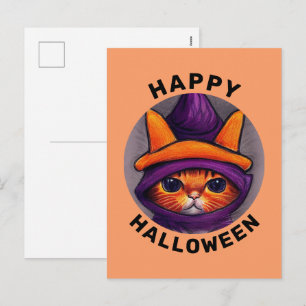 Cartes Pour Fêtes Annuelles Chat orange avec sorcière violette Casquette Bonne