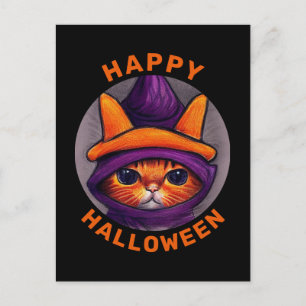 Cartes Pour Fêtes Annuelles Chat orange avec sorcière violette Casquette Bonne
