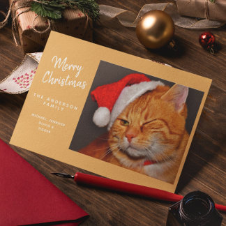 Cartes Pour Fêtes Annuelles Chat orange drôle de Noël avec chapeau de Père Noë