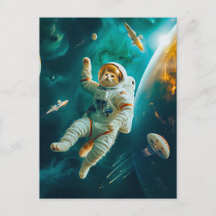Cartes Pour Fêtes Annuelles Chat orange flottant dans l'espace avec des débris
