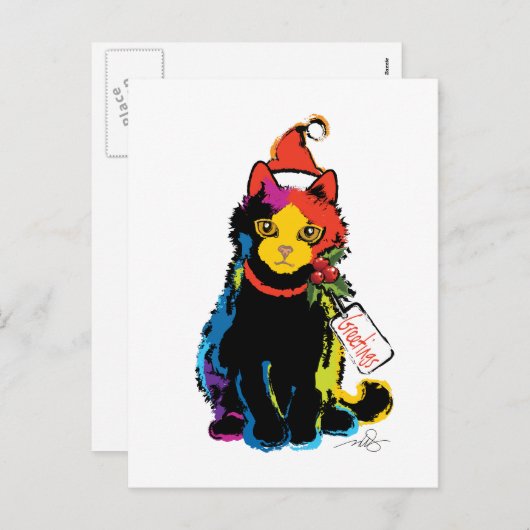 Cartes Pour Fêtes Annuelles Chat Père Noël couleur Multi (Devant / Derrière)
