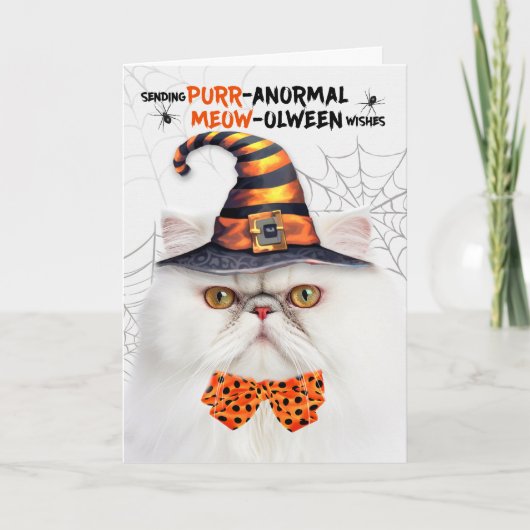 Cartes Pour Fêtes Annuelles Chat persan blanc PURRanormal MEOWolween (Devant)