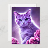 Cartes Pour Fêtes Annuelles Chat pourpre appelé Lavender avec roses (Devant / Derrière)