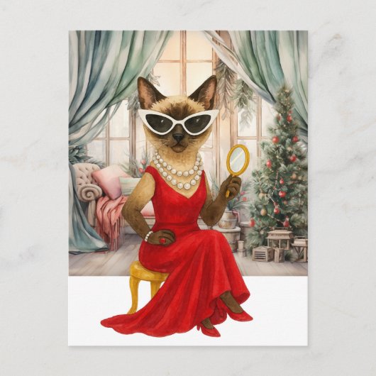 Cartes Pour Fêtes Annuelles Chat siamois dans la Maison de Noël (Devant)