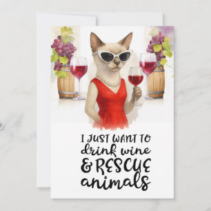 Cartes Pour Fêtes Annuelles Chat siamois impertinent buvant du vin pour sauver
